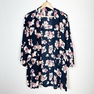 Lane Bryant Womens Navy Blue Floral Open Front Kimono‎ Sleeve Overpiece 18/20